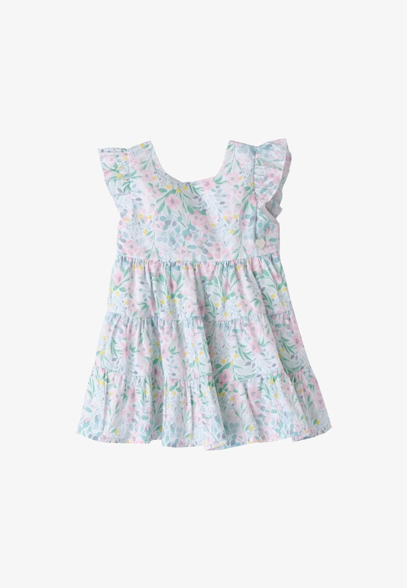 Robe sans manches pour tout-petit avec épaules volantées et motif floral pastel rose, vert, bleu et jaune sur fond blanc.