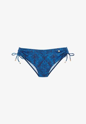 Blaue Bikinischlüpfer mit geometrischem Muster, Schnürseiten und goldenen Akzenten. Hergestellt aus strukturiertem Badebekleidungsstoff.