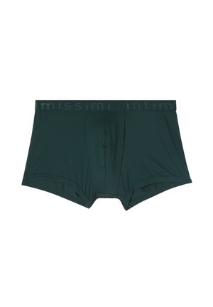 Dunkelgrüne Boxerbriefs aus glattem Stoff. Verfügt über einen breiten Bund mit "Missimi Intimi" in einem kontrastierenden Grünton. Mit frontalem Eingriff.