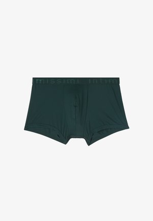 Ciemnozielone bokserki wykonane z gładkiego materiału. Posiadają szeroki pas z napisem "Missimi Intimi" w kontrastującym odcieniu zieleni. Zawierają kieszeń z przodu.