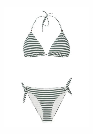 Gestreept bikini-set met een driehoektop en een onderkant met zijknoopjes. Kleuren zijn donkergroen en witte strepen, gemaakt van gestructureerde stof.