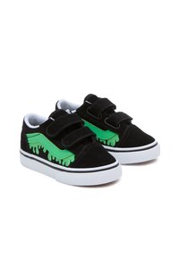 Sneakers in suede nero con design a onde gocciolanti verdi, suola in gomma bianca e doppie cinghie in velcro per una facile indossatura.