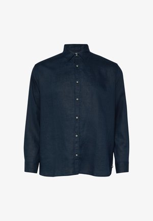 Chemise bleu marine foncé à manches longues, boutonnée sur le devant avec un col pointu et une coupe ample.
