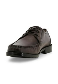 Scarpa in pelle marrone con finitura liscia, punta arrotondata, cuciture decorative lungo il bordo e design tradizionale con lacci. Tacco basso.