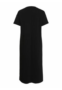 Vestido negro de longitud a la rodilla, hecho de una tela suave. Presenta mangas cortas, un escote redondo y una costura central en la parte posterior para un detalle adicional.