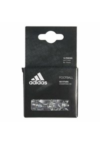 Le pack de crampons Adidas SG comprend 12 crampons en métal argentés. Il est présenté dans un emballage en carton noir avec une fenêtre transparente et un onglet perforé pour suspendre.
