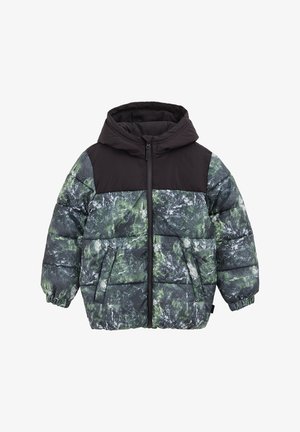 Veste matelassée avec une section supérieure noire et une section inférieure marbrée verte. Comprend une capuche, une fermeture éclair frontale et des poignets élastiques.