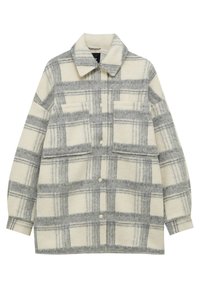 Geruite fleece jas in crème en grijs, met een kraag, twee voorzakken en drukknoopsluitingen. Zachte, gestructureerde stof.