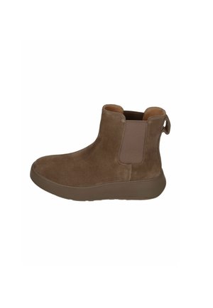 Brown suede ankle boots with a smooth finish, elastic side panels, and a pull tab at the back. Features a chunky rubber sole for stability.