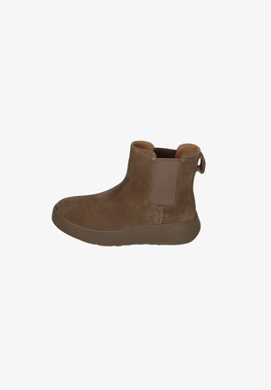 Braune Wildleder-Ankle Boots mit glatter Oberfläche, elastischen seitlichen Einsätzen und einer Zuglasche auf der Rückseite. Sie verfügen über eine dicke Gummisohle für Stabilität.
