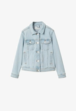 Světle modrá džínová bunda s zapínáním na knoflíky, dvěma náprsními kapsami a dvěma kapsami po stranách. Dokončena švy a límcem.