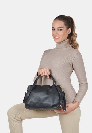 Black leather handbag with a pebbled texture, rounded shape, dual top handles, and detachable shoulder strap. Gold-tone hardware accents.