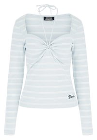 Ljusblå ribbad långärmad topp med vita horisontella ränder, kvadratisk halsringning, snodd framtill och en liten broderad logotyp på fållen.