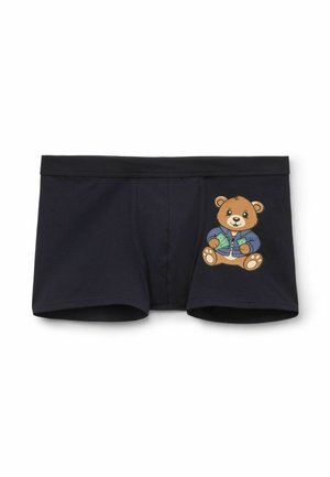 Navy blue cotton boxers featuring a cartoon bear graphic on the front, showcasing the bear in a jacket with expressive facial features.