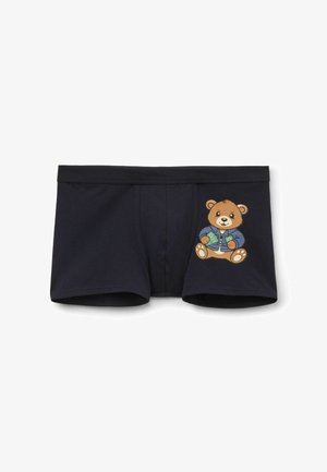 Navy blue cotton boxers featuring a cartoon bear graphic on the front, showcasing the bear in a jacket with expressive facial features.