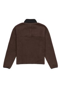 Giacca in pile marrone con colletto nero, superficie texture e design semplice. Caratterizzata da una vestibilità dritta e maniche lunghe.