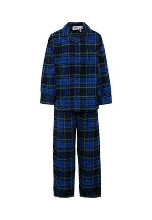 Geverfde pyjama's in blauw, groen en zwarte flanel. Langsleeve top met knopen, bijpassende broek met brede pijpen en opgerolde zomen.