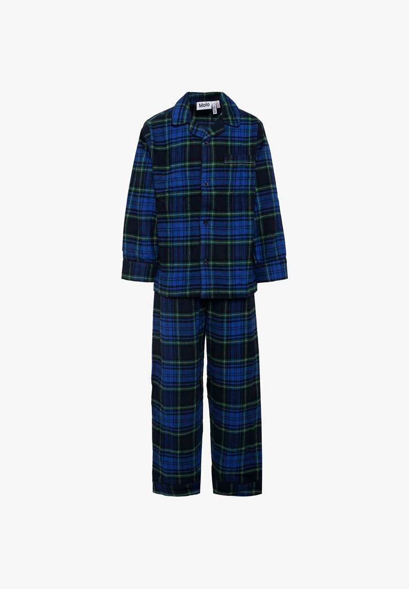 Pajamy w kratę w kolorze niebieskim, zielonym i czarnym z flaneli. Długi rękaw z guzikami, pasujące spodnie z szerokimi nogawkami i wykończeniem mankietowym.