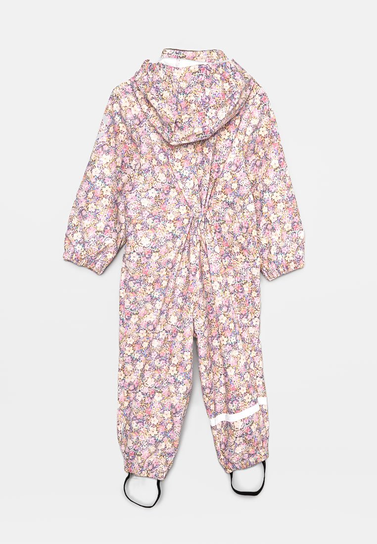 Kinder-Overall mit Kapuze, elastischen Bündchen, floralen Mustern in Pastellfarben und Fußschlaufen für einen sicheren Sitz.