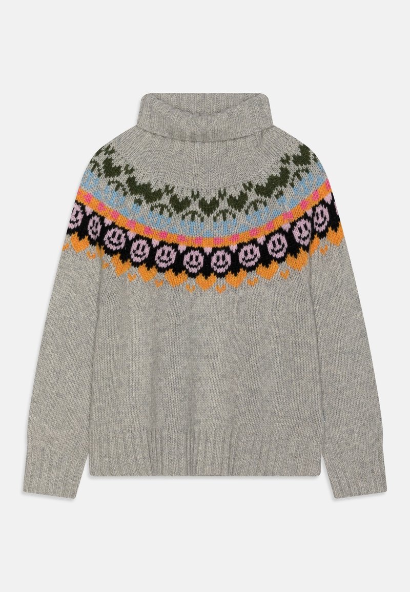 Pull en tricot gris à col roulé avec un empiècement coloré orné de motifs floraux et de smileys en rose, noir, orange, bleu et vert.