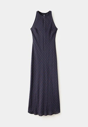 Robe longue bleu foncé sans manches avec un motif à carreaux marron en croix et une petite fermeture par bouton au dos du col.