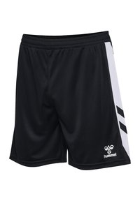 Zwarte sportshorts van lichtgewicht stof, met witte zijpanelen met zwarte strepen en een Hummel-logo aan de zoom.