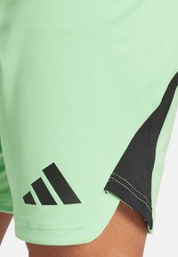 Helle grüne Sportshorts mit schwarzen Akzenten, ausgestattet mit einem schwarzen Logo und kontrastierenden Nähten am Saum und an der Seitenbahn.