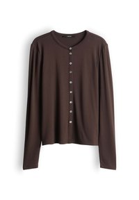 Brauner Strickcardigan mit langen Ärmeln, Rundhalsausschnitt, acht Knöpfen vorne und geradem Saum.