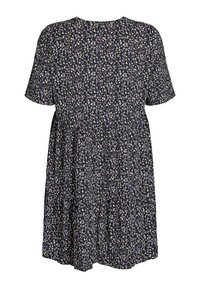 Ziedu kleita ar īsām piedurknēm, apaļu kakla izgriezumu un daudzlīmeņu svārkiem, kas izgatavota tumši zila krāsā, ar maziem daudzkrāsainiem ziediem.