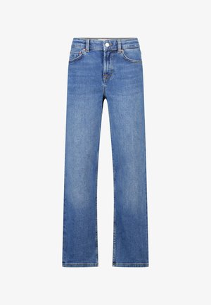 Vaqueros azules de mezclilla con un diseño de pierna recta, que cuentan con una cintura alta, estilo de cinco bolsillos y un cierre de botón metálico en la cintura.