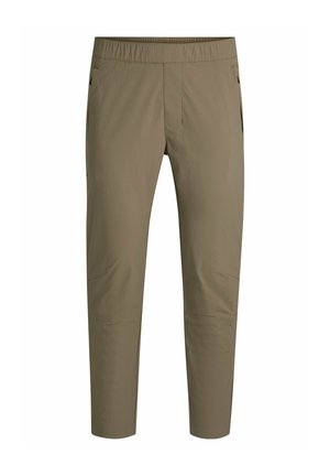 Lightweight, olive green synthetic pants with an elastic waistband, side pockets, and tapered legs. Smooth texture, suitable for outdoor use.