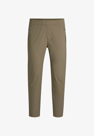 Lightweight, olive green synthetic pants with an elastic waistband, side pockets, and tapered legs. Smooth texture, suitable for outdoor use.