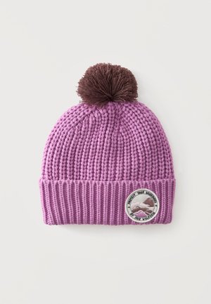 Gestrickte lila Mütze mit braunem Bommel und rundem Aufnäher mit Bergen und Text "Protect Your Wilderness."
