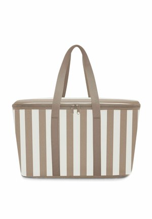 Rectangular beige and white striped insulated cooler bag with two handles and a double zipper closure on top.