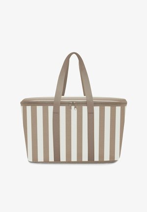 Rechteckige, beige-weiß gestreifte, isolierte Kühltasche mit zwei Griffen und einem doppelten Reißverschluss oben.