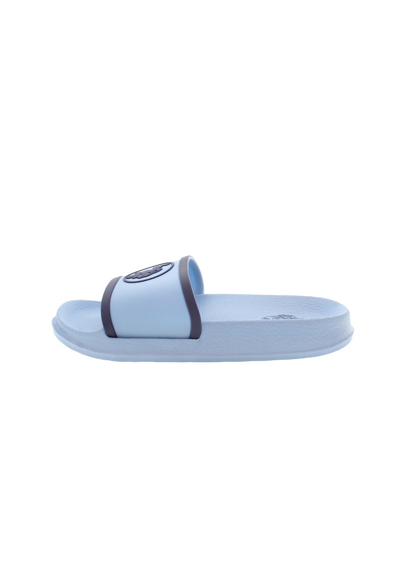 Ljusblå slide sandal med en mörkblå accentrem och cirkulär logotyp. Texturerad suldesign och slät sula för komfort.