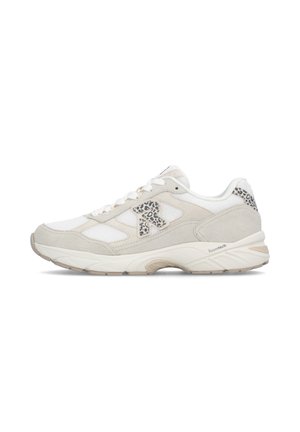 Light beige and white athletic sneaker with foam sole, leopard print "R" logo on side, and mesh fabric panels.
