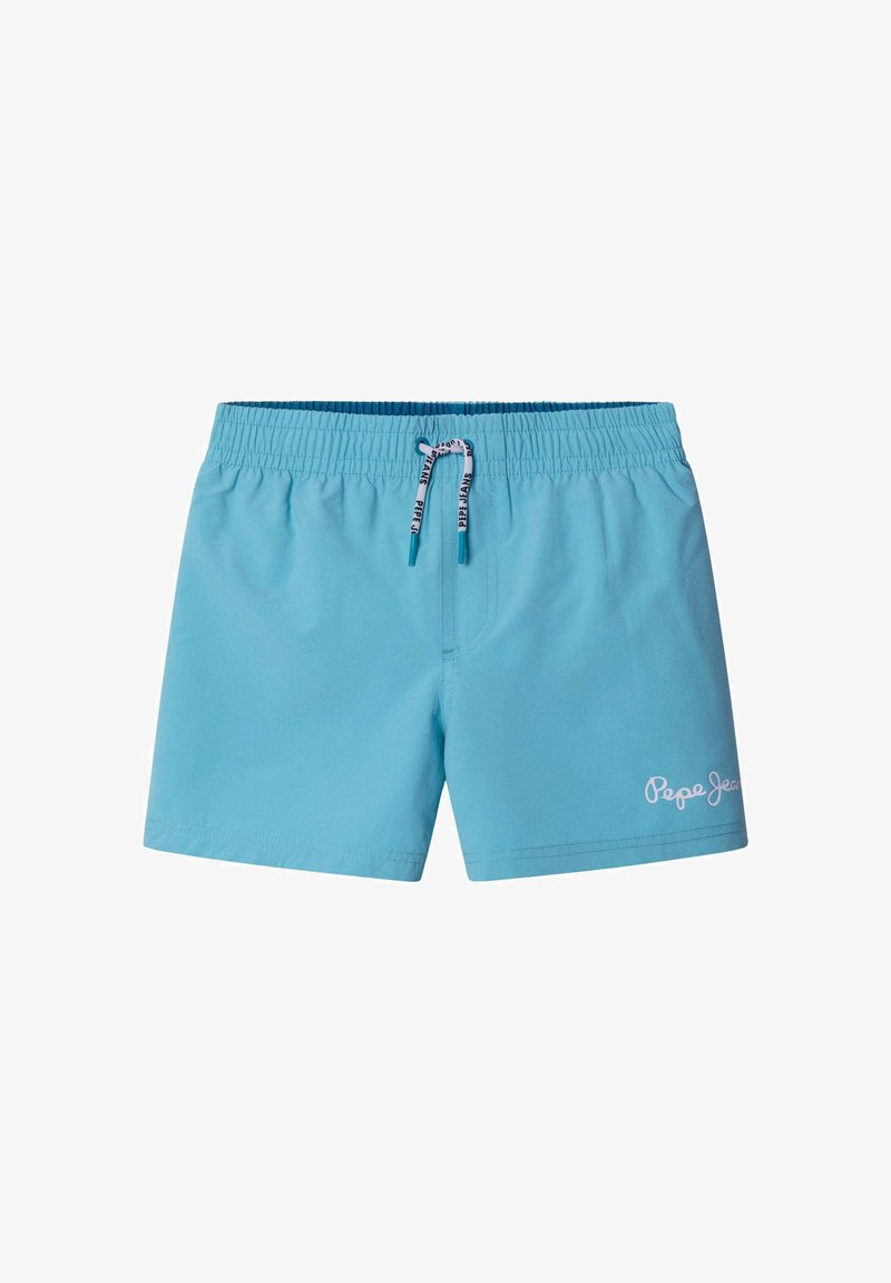 Lichtblauwe zwembroek voor heren met elastische tailleband, wit merkkoord en "Pepe Jeans" logo op het rechtse onderbeen.