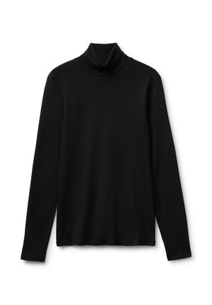 Schwarzes Langarm-Rollkragenshirt mit glatter Textur, flach auf weißem Hintergrund ausgelegt.