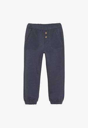 Dunkelgraue Jogginghose mit gerippten Taschenakzenten, elastischem Bund und zwei Holzknöpfen. Bündchen an den Knöcheln für eine figurbetonte Passform.