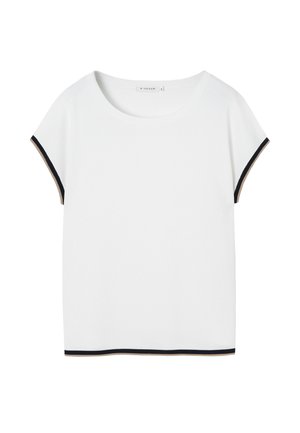 Bela kratkotrajna majica s kratkimi rokavi in okroglim izrezom, ki ima črno in bež obrobo ob rokavih in spodnjem robu. Gladka tekstura.