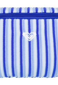 Blue and light blue striped pouch with a textured fabric, featuring a zipper closure and a small heart design in white.