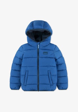 Modrá páperová bunda so zipsom na prednej strane, kapucňou a fleecovou podšívkou. Obsahuje horizontálne prešívanie, dve bočné vrecká a nášivku s logom.