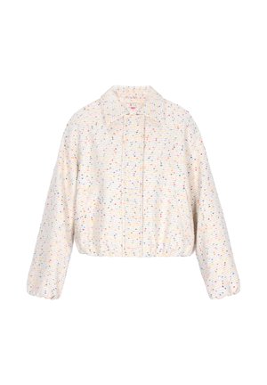 Kort jasje van gestructureerde witte stof met kleurrijke spikkels. Voorzien van een kraag en elastische zoom. Lange, afgeronde mouwen.