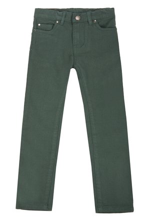 Grüne Jeans aus Baumwoll-Denim mit figurbetontem Schnitt, geraden Beinen, zwei Fronttaschen und einem Metallknopfverschluss an der Taille.