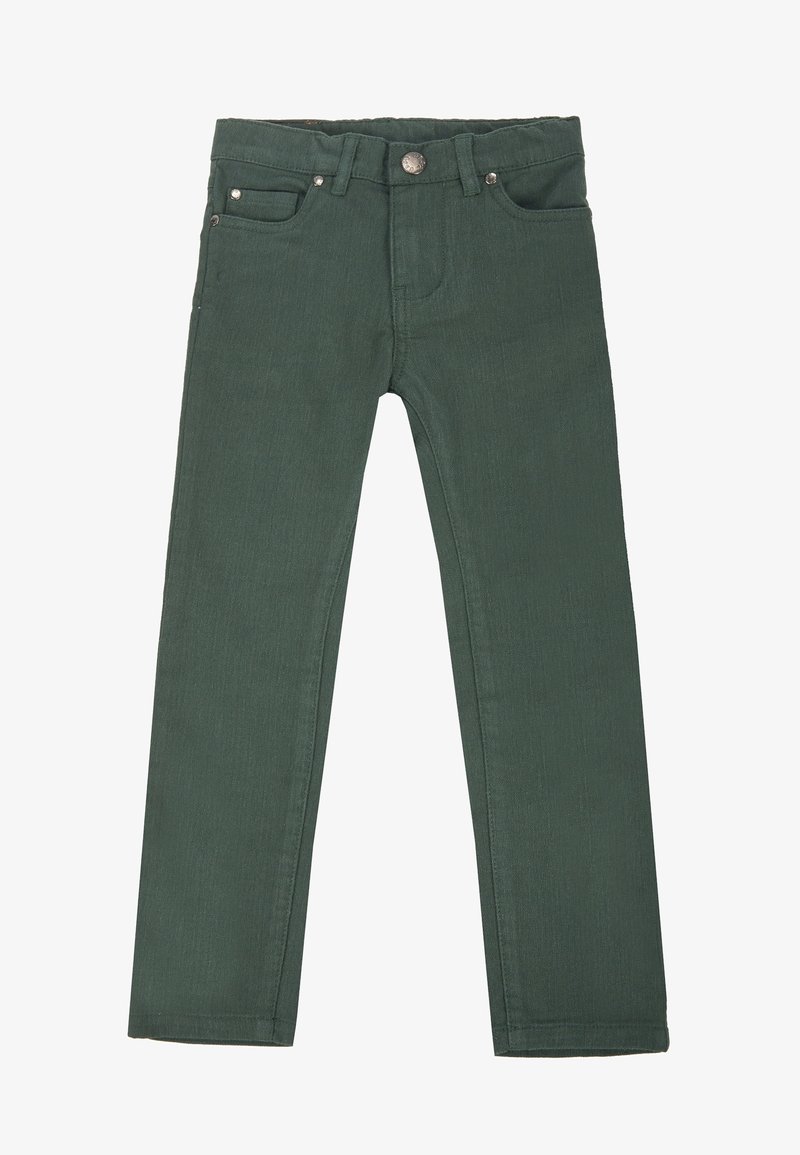 Jean en denim de coton vert avec une coupe ajustée, jambes droites, deux poches avant et une fermeture par bouton métallique à la taille.