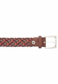 Ceinture en tissu tressé marron, rouge et orange avec un passant en cuir marron et une boucle en métal rectangulaire argentée.