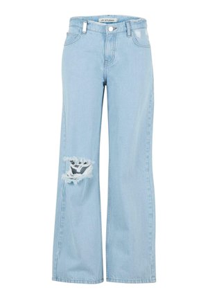 Vaaleansiniset farkut, joissa on leveä lahje, kulunut polvialue ja repaleiset reunat. Sisältää klassisen viiden taskun muotoilun ja etupainikkeen kiinnityksen.