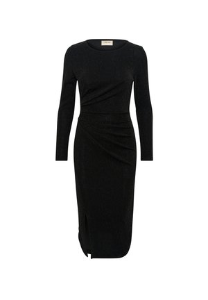 Černé dlouhé šaty s dlouhým rukávem a kulatým výstřihem, s nařaseným designem, strukturovanou tkaninou a bočním rozparkem pro dodatečný detail.