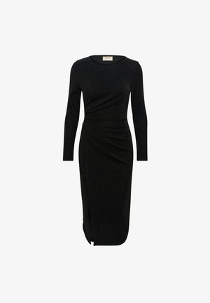 Schwarzes langärmeliges Kleid mit rundem Ausschnitt, das über ein gerafftes Design, strukturierten Stoff und einen seitlichen Schlitz für zusätzliche Details verfügt.